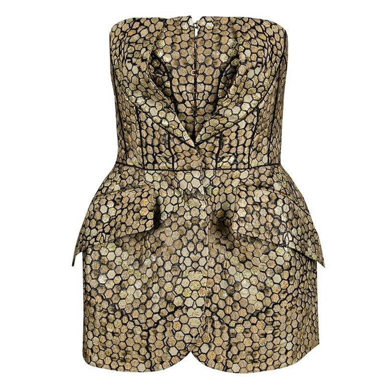Alexander McQueen Gold and Black Honeycomb Pattern Jacquard Strapless ...