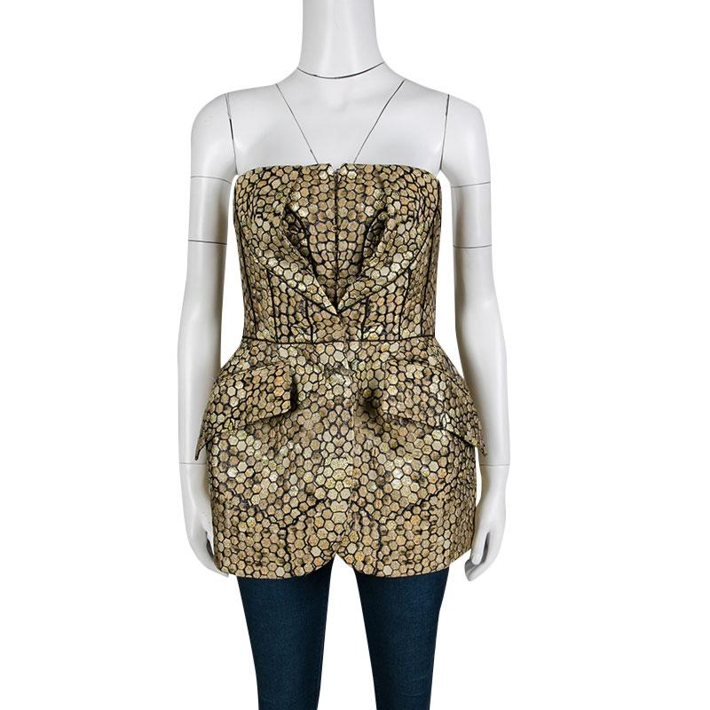 Brown Alexander McQueen Gold and Black Honeycomb Pattern Jacquard Strapless Corset Top