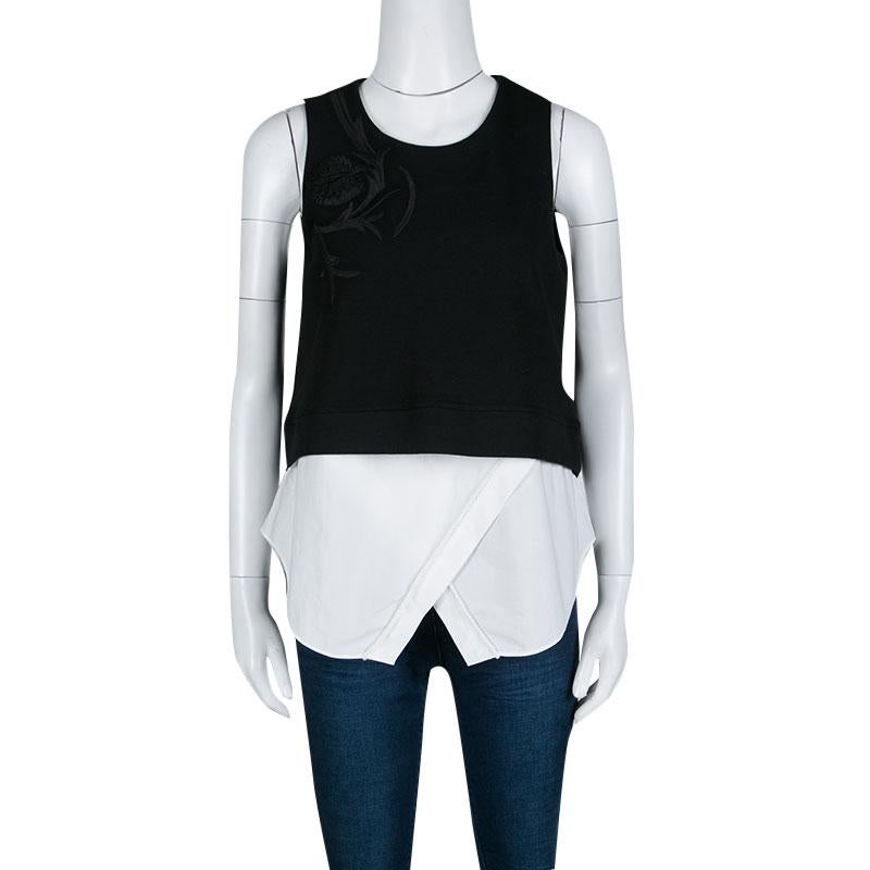 Black Derek Lam Monochrome Embroidered Ribbed Knit Sleeveless Layered Top S