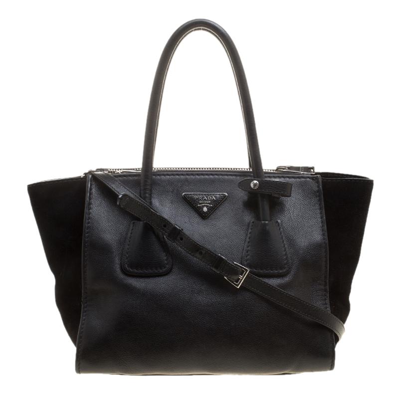 Prada Black Leather And Suede Double Zip Tote
