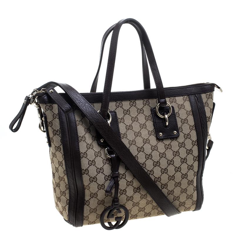 Black Gucci Beige/Brown GG Canvas and Leather Medium Charm Tote