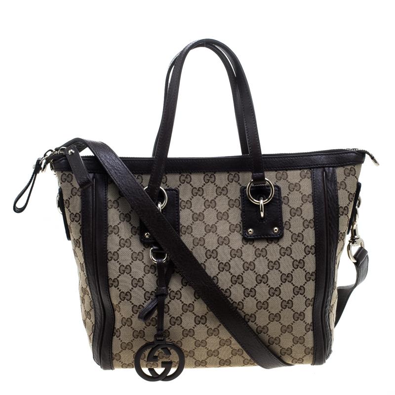 Gucci Beige/Brown GG Canvas and Leather Medium Charm Tote
