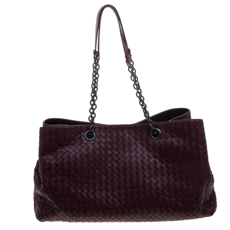 Bottega Veneta Burgundy Intrecciato Leather Double Chain Tote