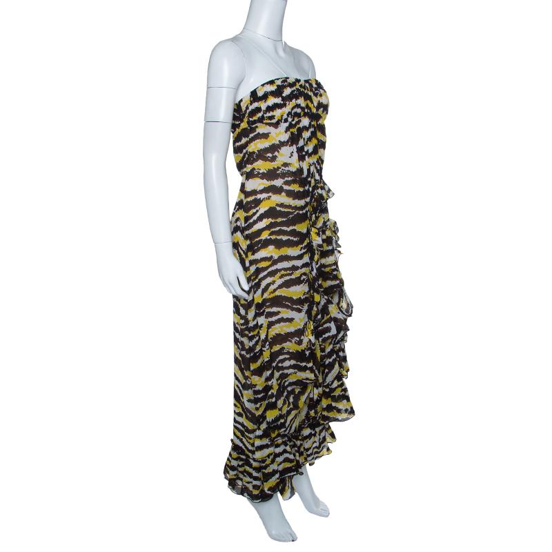 Black Missoni Multicolor Tiger Print Ruffled Silk Strapless Tansy Dress M