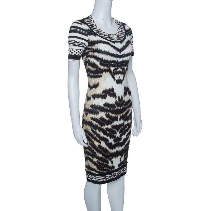 Black Roberto Cavalli Animal Printed Knit Short Sleeve Bodycon Dress S