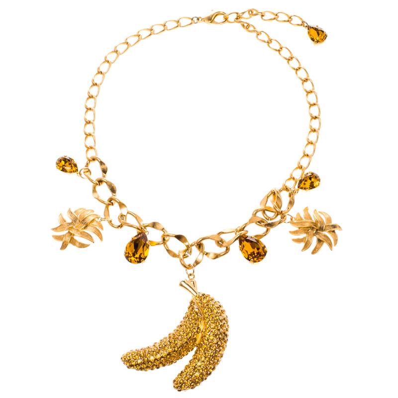 Dolce and Gabbana Banana Crystal Studded Gold Tone Necklace