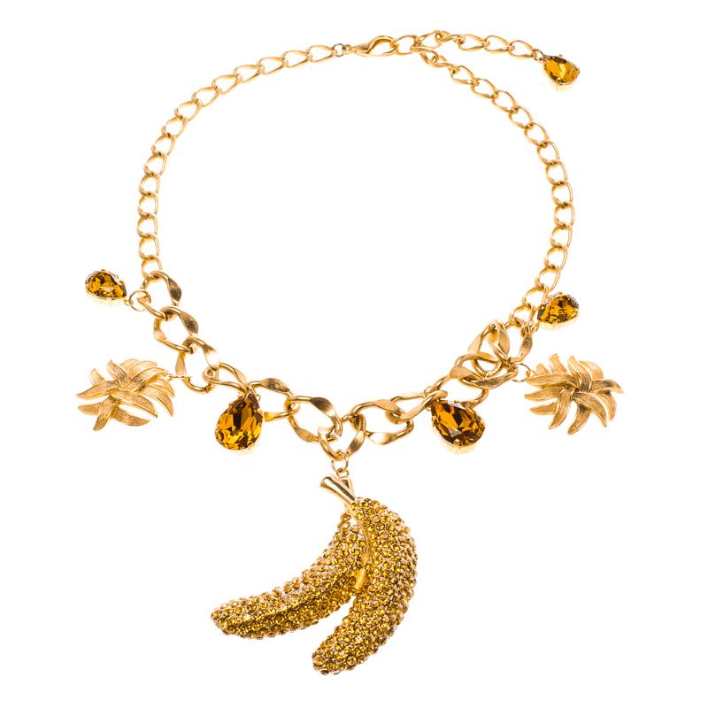 Contemporary Dolce and Gabbana Banana Crystal Studded Gold Tone Necklace