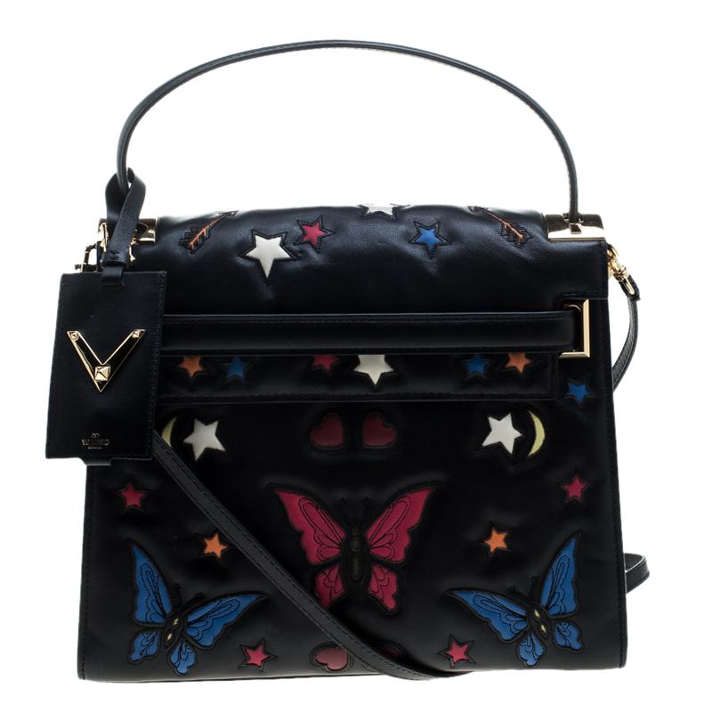 Valentino Black Leather Butterfly My Rockstud Top Handle Bag