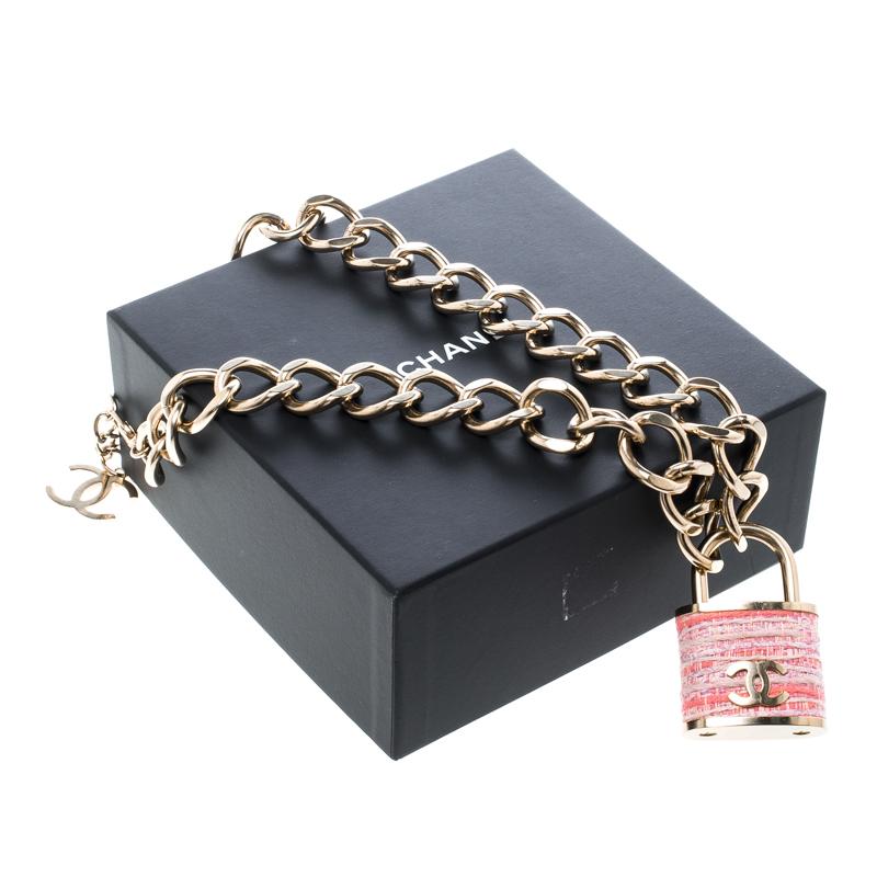 Contemporary Chanel Tweed CC Oversized Padlock Gold Tone Chain Necklace