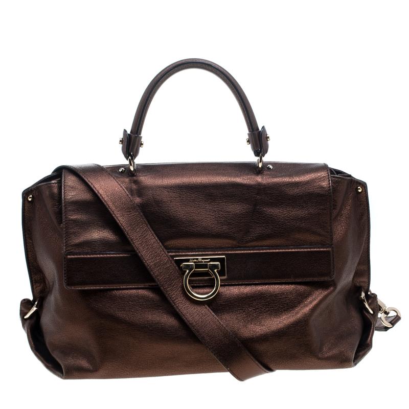 Salvatore Ferragamo Metallic Brown Leather Large Sofia Satchel