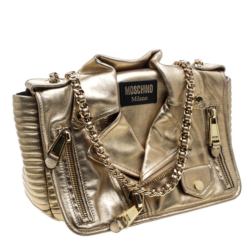 Moschino Gold Leather Medium Capsule Biker Jacket Shoulder Bag 3