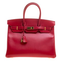 Hermes Red Box Calf Leather Gold Hardware Birkin 35 Bag