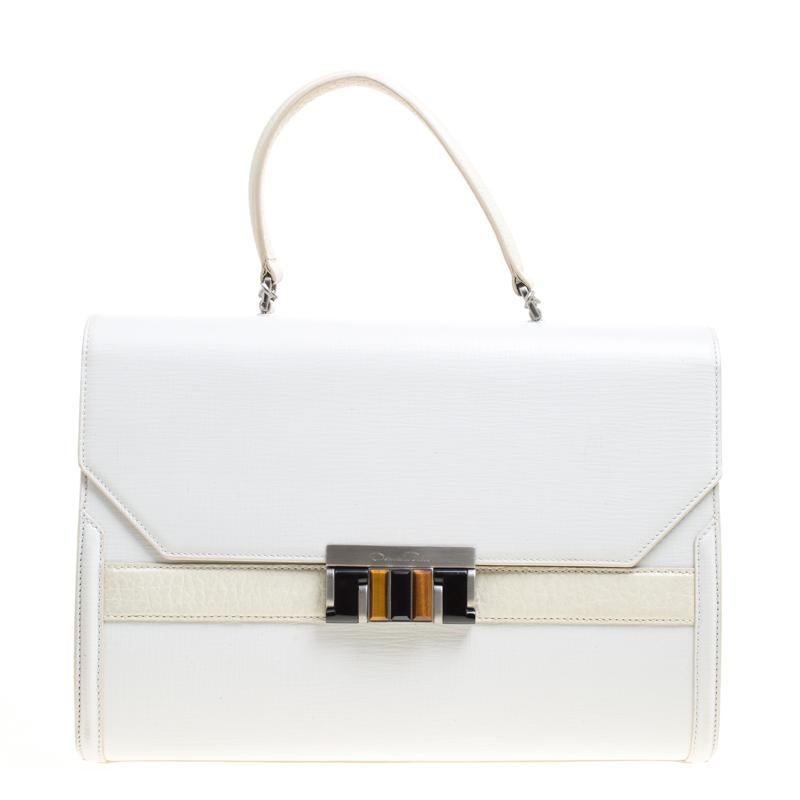 Oscar de la Renta White/Cream Leather Top Handle Bag