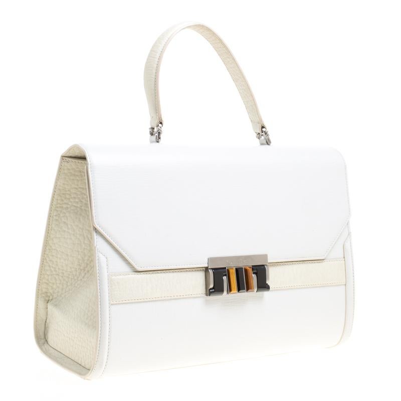 Oscar de la Renta White/Cream Leather Top Handle Bag 4