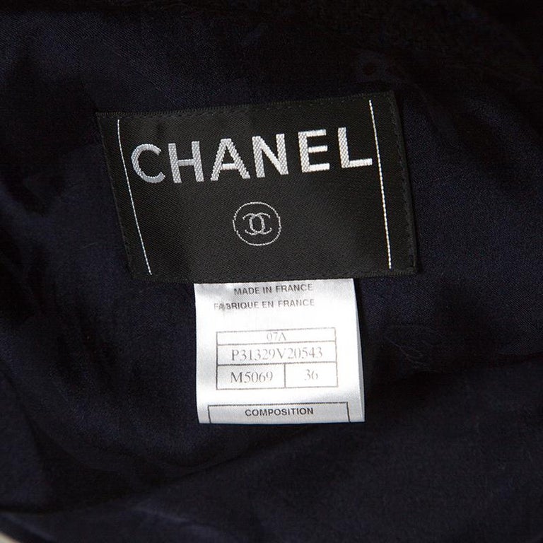 Chanel Vintage Navy Blue Textured Brooch Closure Fringed Edge Coat S ...