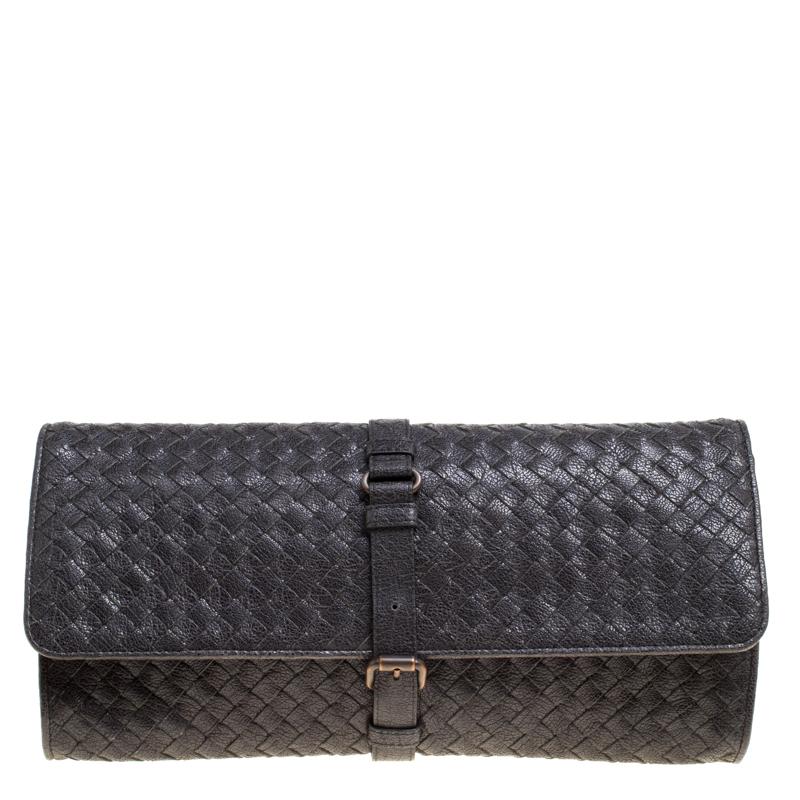 Bottega Veneta Black Shimmering Intrecciato Leather Clutch