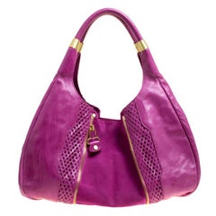 Used Jimmy Choo Hot Pink Perforated Leather and Suede Mandah Hobo