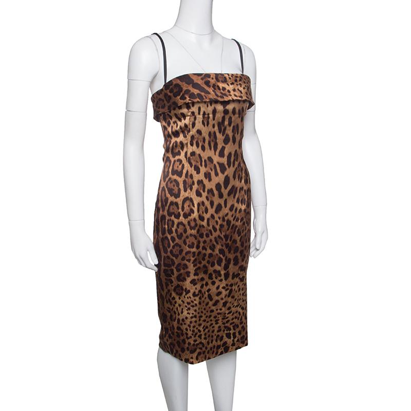 Dolce and Gabbana Brown Leopard Printed Satin Sheath Dress S In Good Condition In Dubai, Al Qouz 2