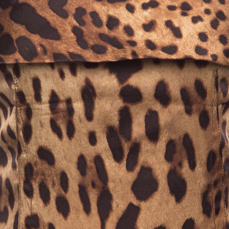 Women's Dolce and Gabbana Brown Leopard Printed Satin Sheath Dress S
