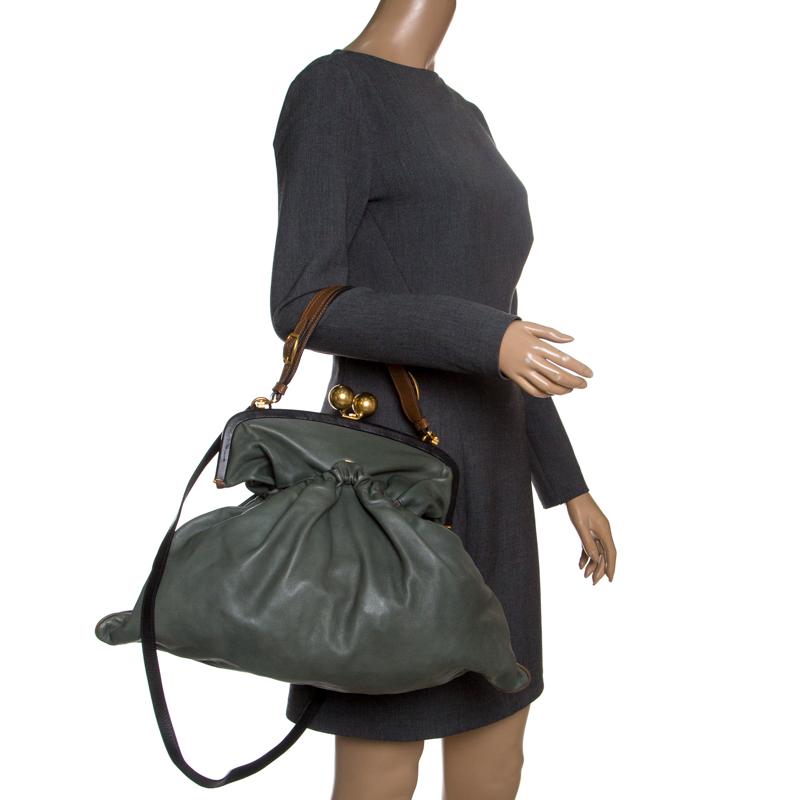 Gray Marni Green Leather Kiss Lock Frame Shoulder Bag