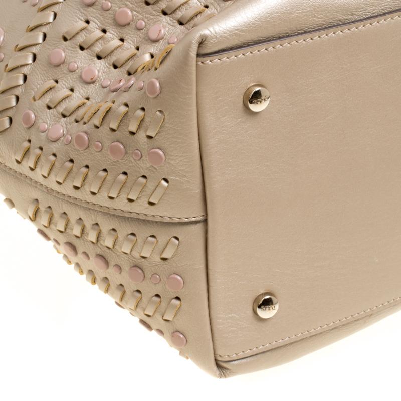 Tod's Metallic Beige Leather Small Studded Flower Tote 1