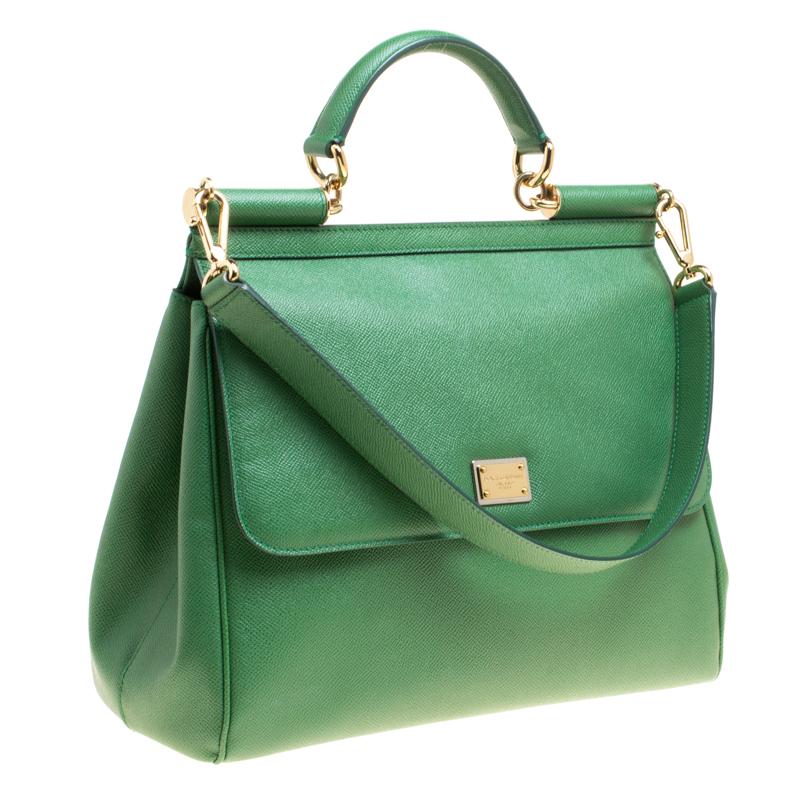 Dolce and Gabbana Green Leather Large Miss Sicily Top Handle Bag 4