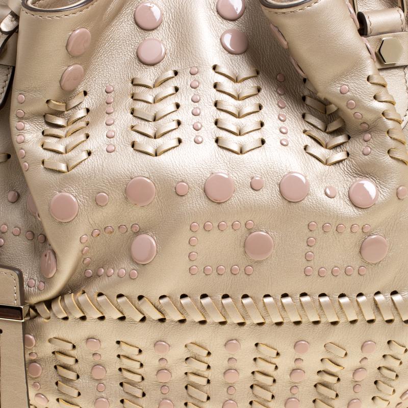 Tod's Metallic Beige Leather Small Studded Flower Tote 1