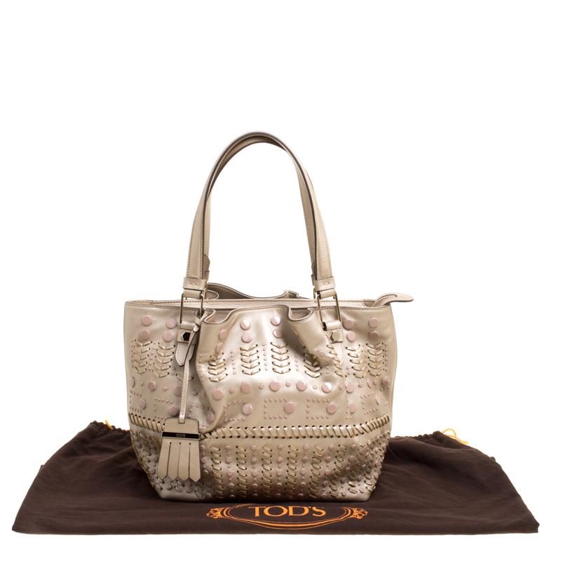 Tod's Metallic Beige Leather Small Studded Flower Tote 3