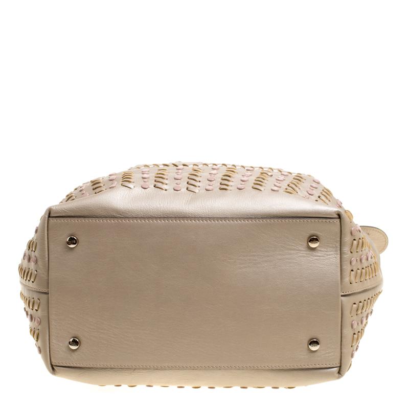 Tod's Metallic Beige Leather Small Studded Flower Tote 6