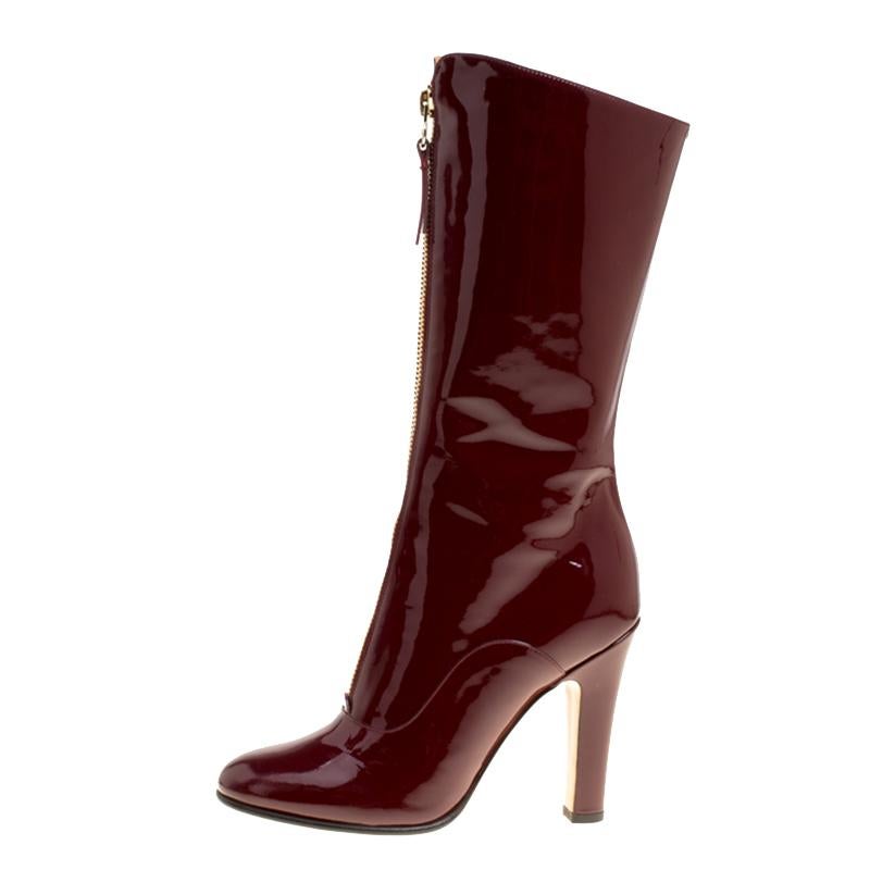 Valentino Crimson Red Patent Leather Zip Detail Mid Calf Boots Size 38 2