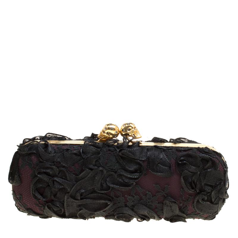 Alexander McQueen Black Lace Skull Crystal Clutch