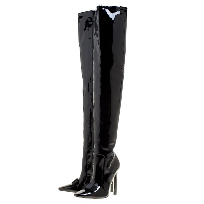 Balenciaga Black Patent Leather Bow Detail Over The Knee Boots Size 37 4
