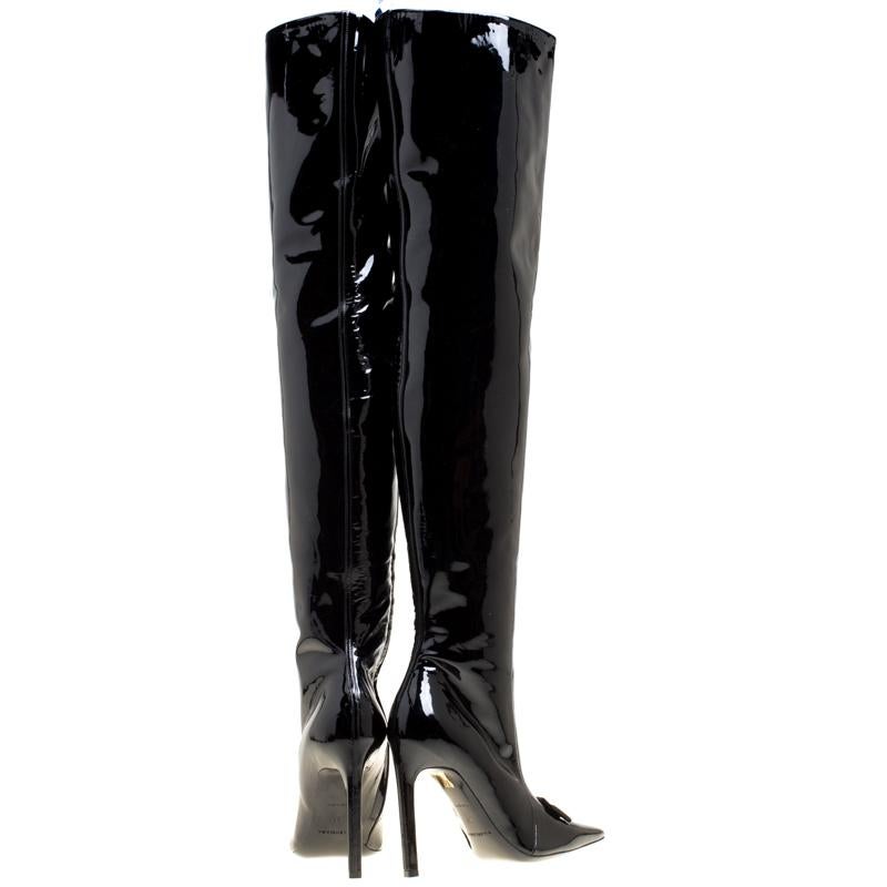 Balenciaga Black Patent Leather Bow Detail Over The Knee Boots Size 37 In New Condition In Dubai, Al Qouz 2