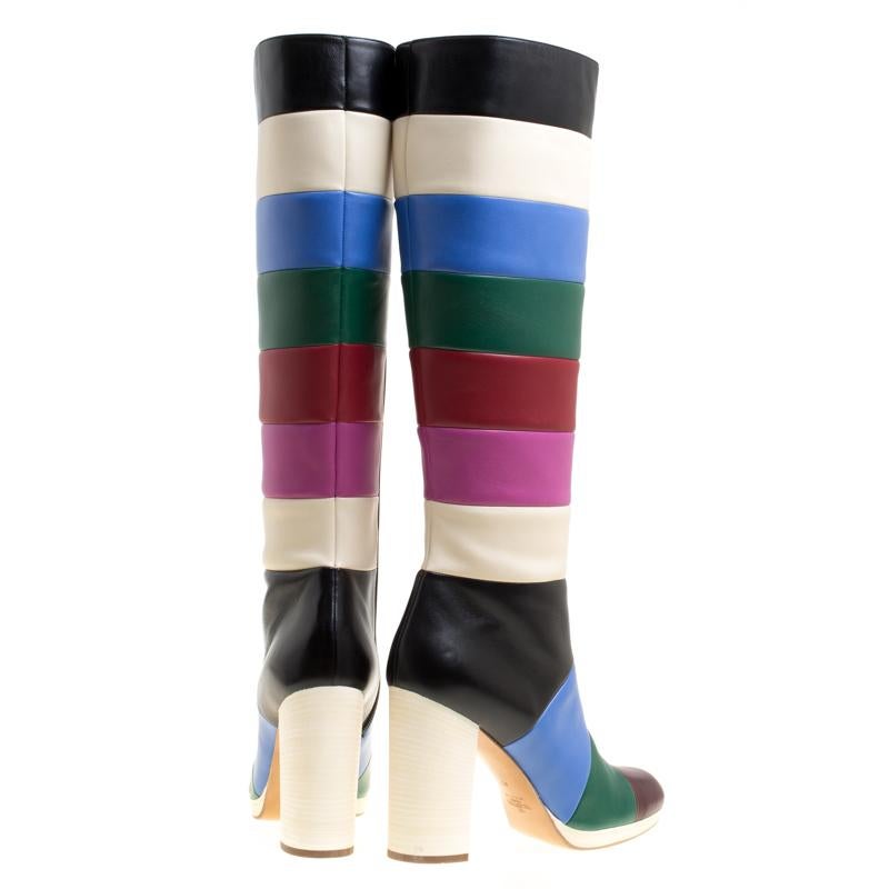 Gray Valentino Multicolor Striped Leather Knee Boots Size 40