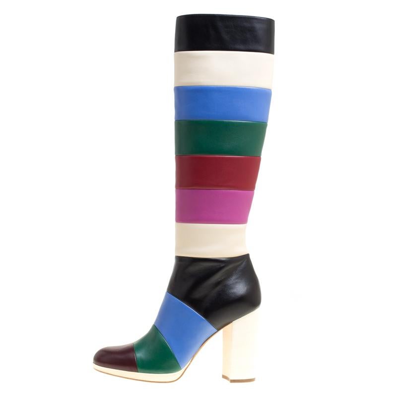 Valentino Multicolor Striped Leather Knee Boots Size 37 In New Condition In Dubai, Al Qouz 2