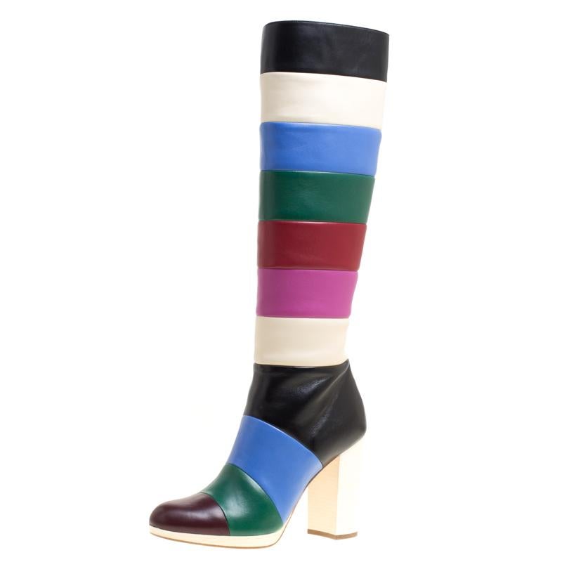 Valentino Multicolor Striped Leather Knee Boots Size 37