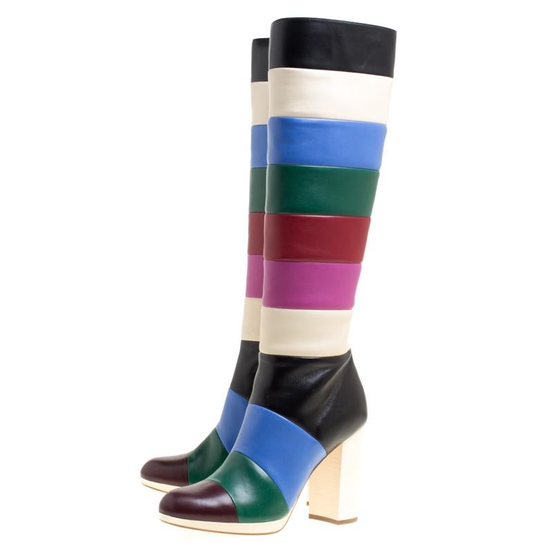 Women's Valentino Multicolor Striped Leather Knee Boots Size 37