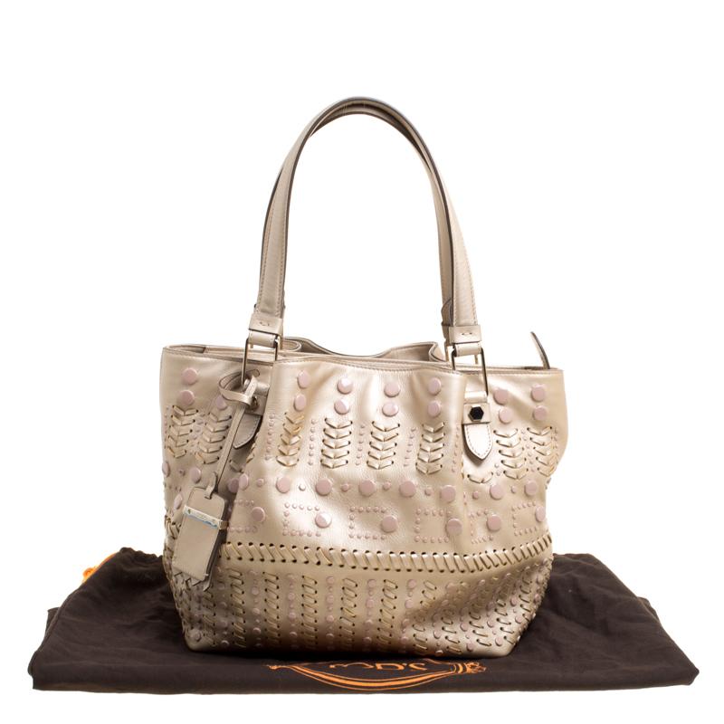 Tod's Metallic Beige Leather Small Studded Flower Tote 1