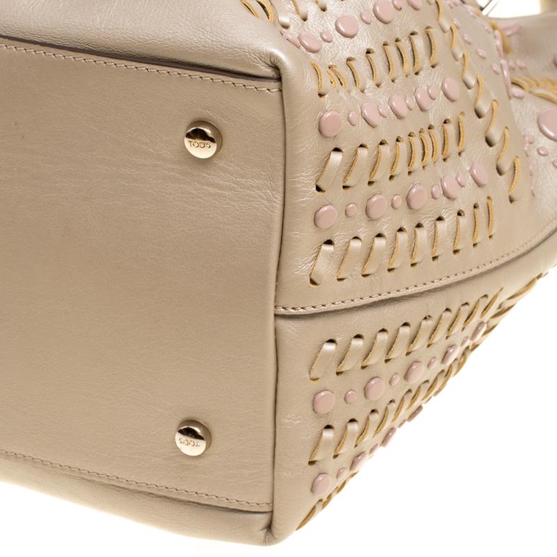 Tod's Metallic Beige Leather Small Studded Flower Tote 3