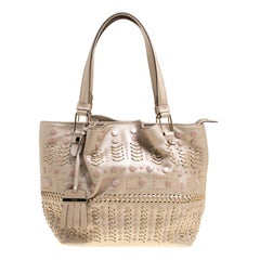 Tod's Metallic Beige Leather Small Studded Flower Tote