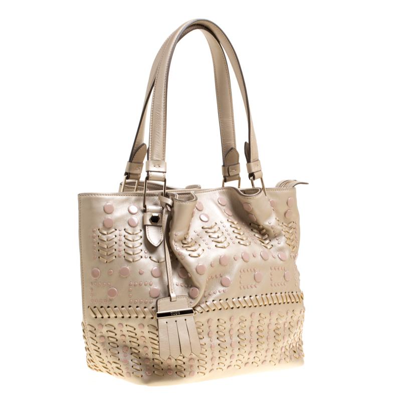 Tod's Metallic Beige Leather Small Studded Flower Tote 7