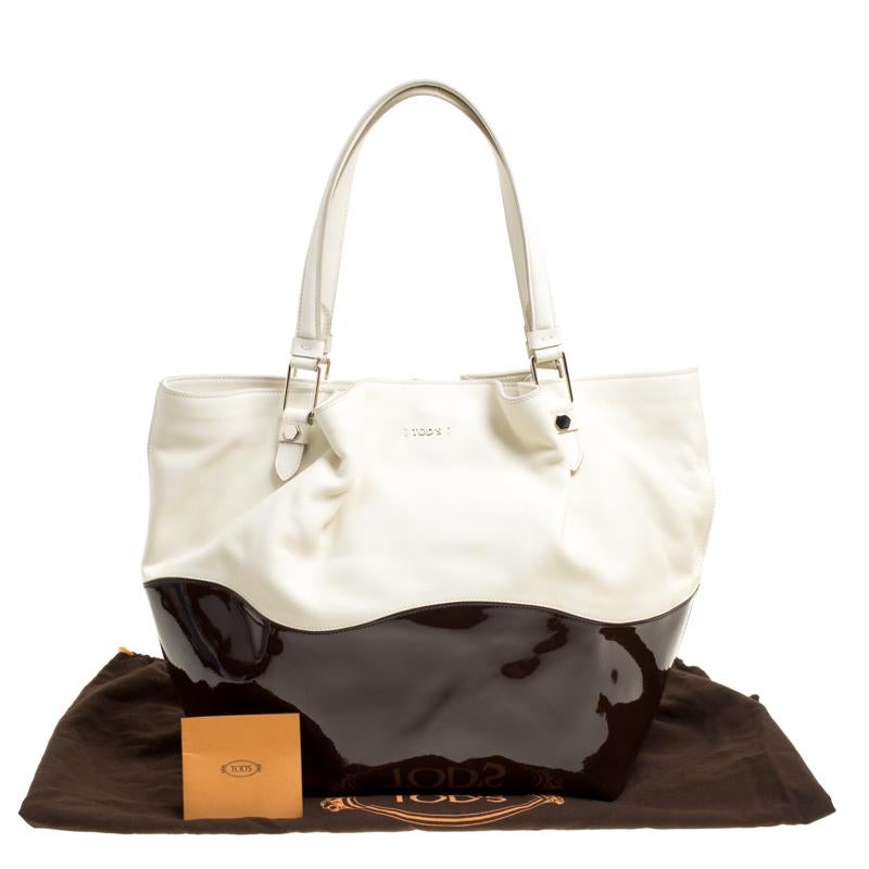 Tod's White/Brown Leather and Patent Leather Medium Flower Tote 1