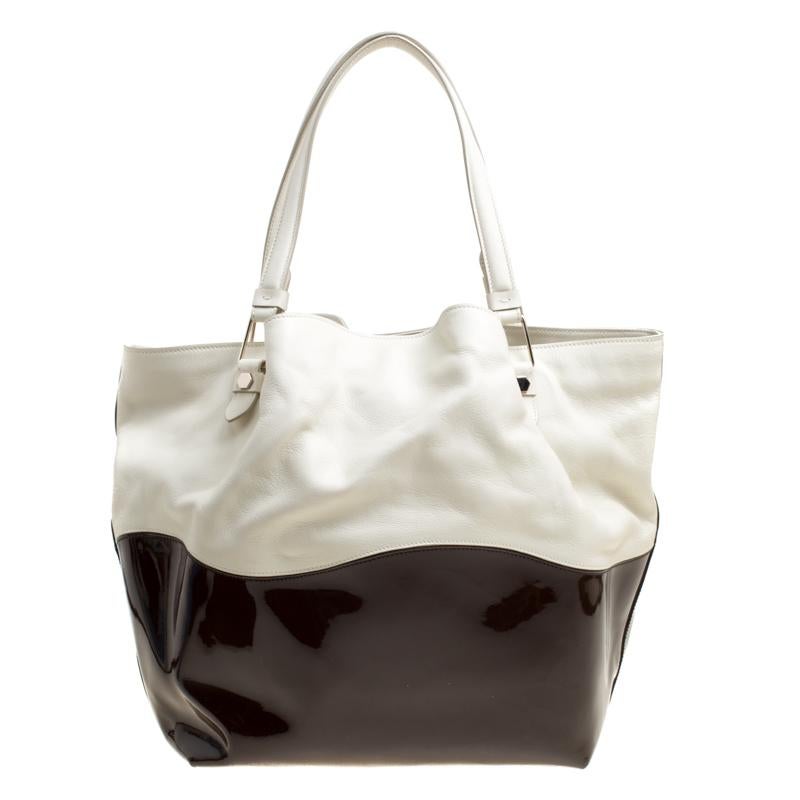 Beige Tod's White/Brown Leather and Patent Leather Medium Flower Tote