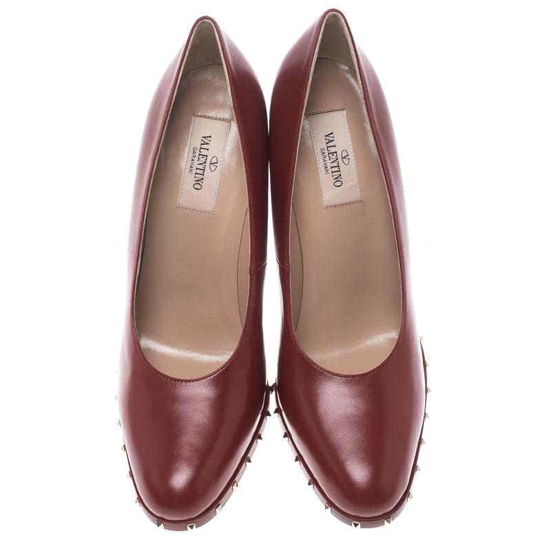 Brown Valentino Red Leather Soul Rockstud Block Heel Pumps Size 38