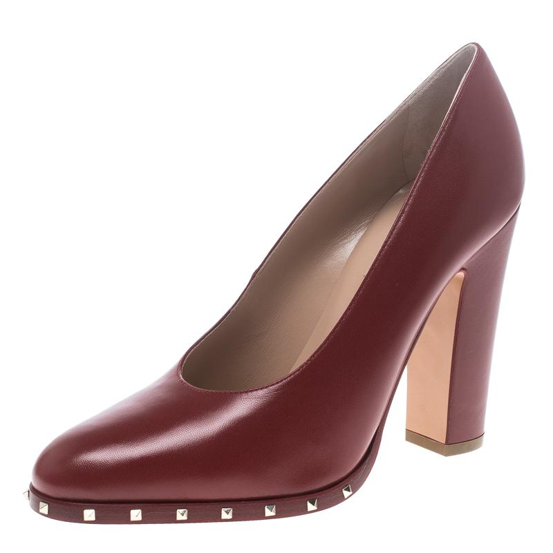 Valentino Red Leather Soul Rockstud Block Heel Pumps Size 38