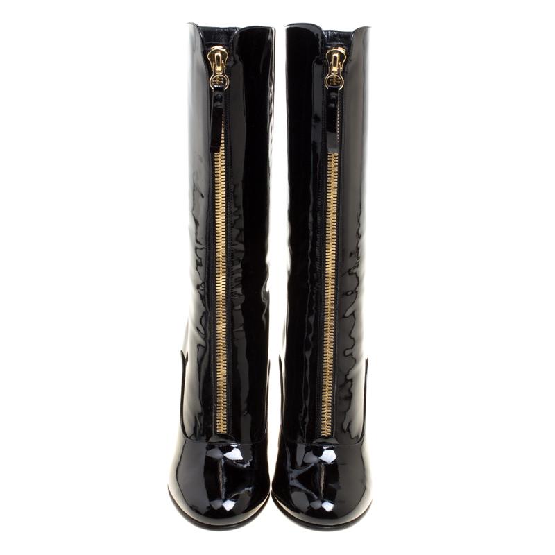 Valentino Black Patent Leather Zip Detail Mid Calf Boots Size 40 In New Condition In Dubai, Al Qouz 2