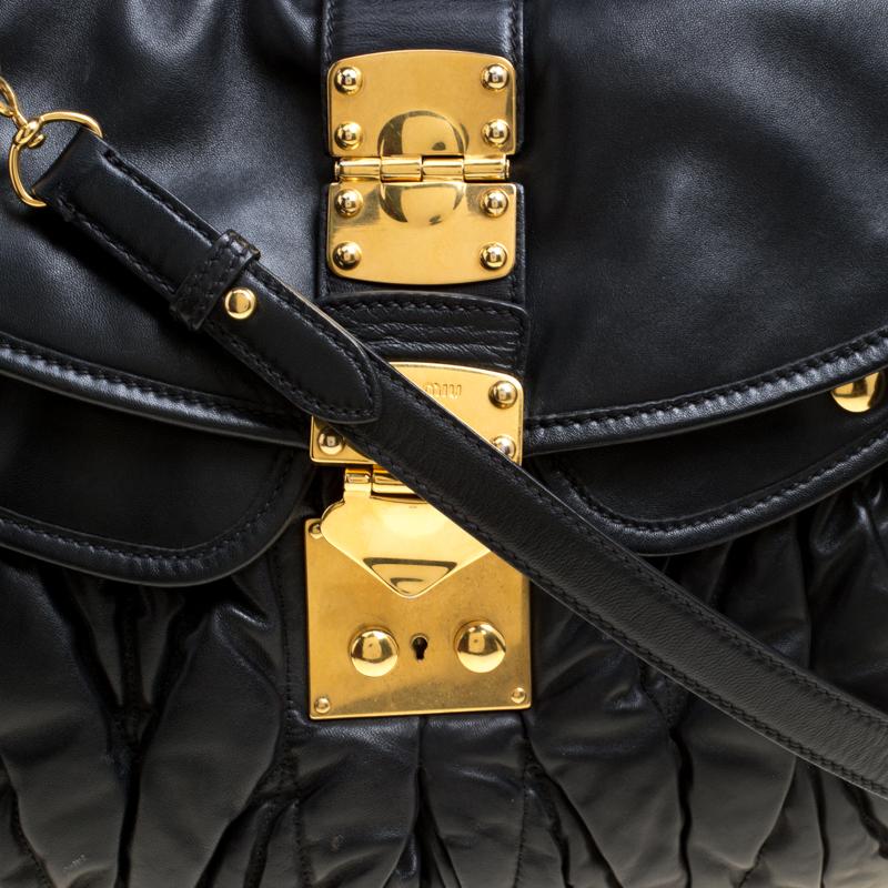 Women's Miu Miu Black Matelasse Leather Coffer Hobo