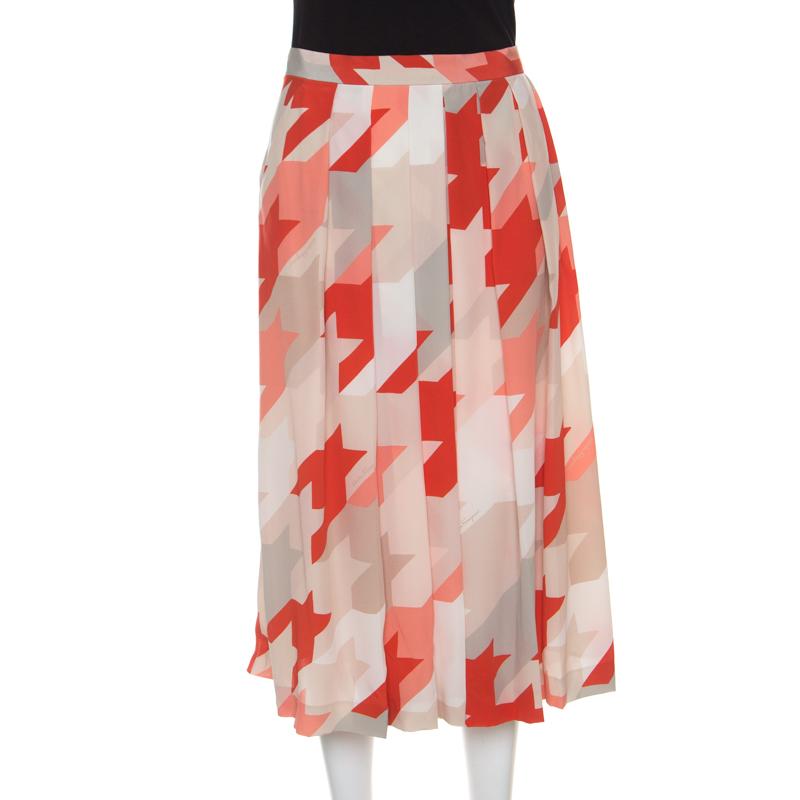Beige Salvatore Ferragamo Multicolor Houndstooth Pattern Pleated Silk Skirt L
