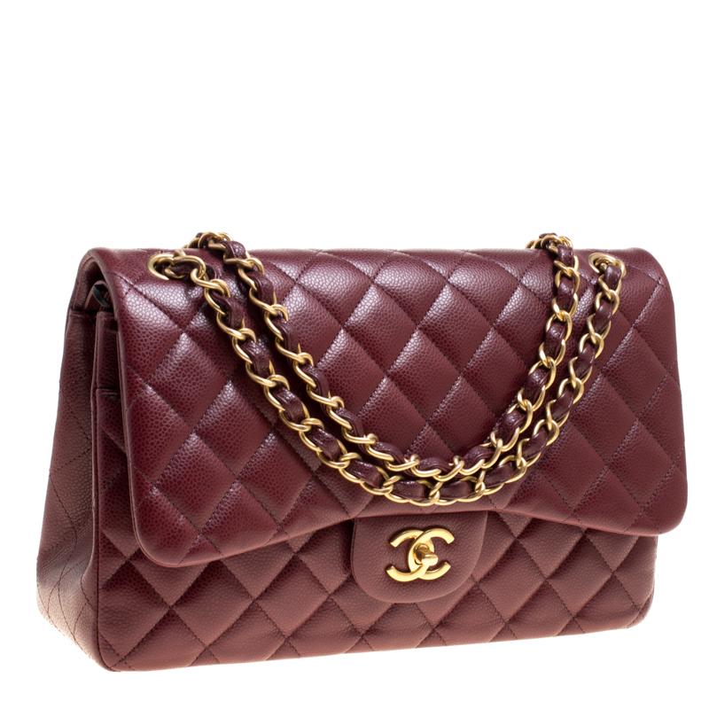 Brown Chanel Burgundy Quilted Caviar Leather Jumbo Classic Double Flap Bag