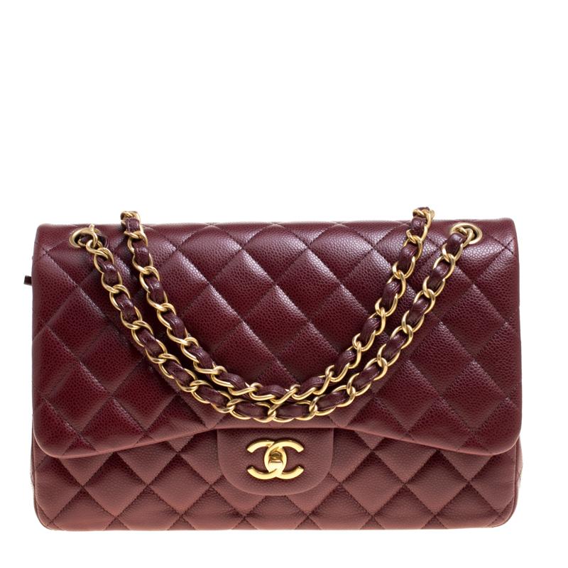 Chanel Burgundy Quilted Caviar Leather Jumbo Classic Double Flap Bag